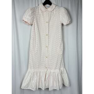 Barbara Lee Vintage White Eyelet Lace Dress Pearl Buttons Ruffle Hem Size S